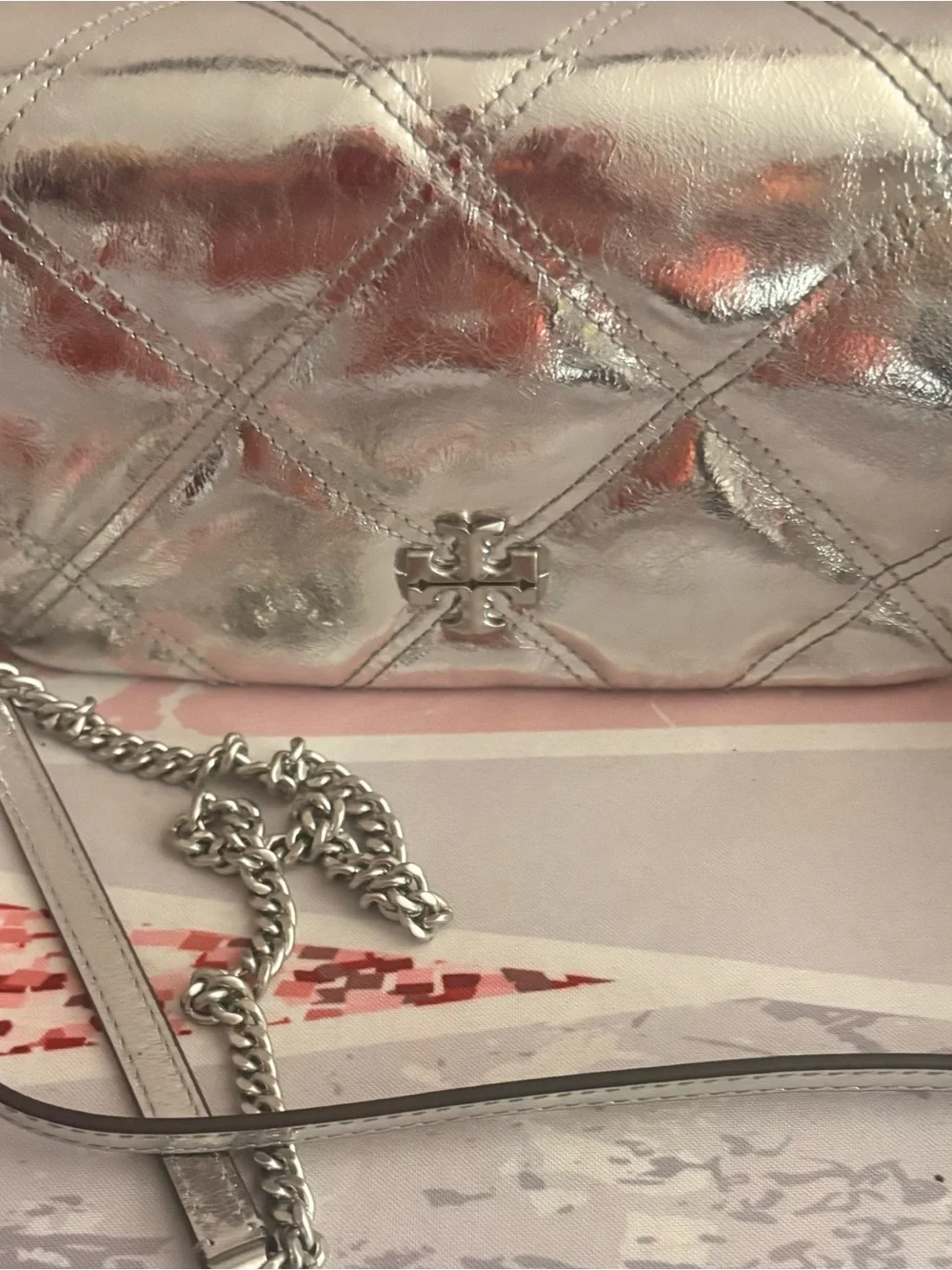 Tory Burch Metallic Silver Quilted Wristlet Clutch